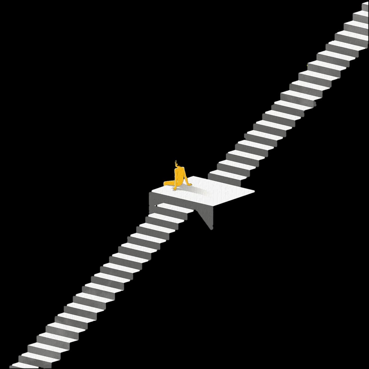 An illustration of a gold figure resting on a landing partway up a long white staircase, the growth climb every small business owner knows