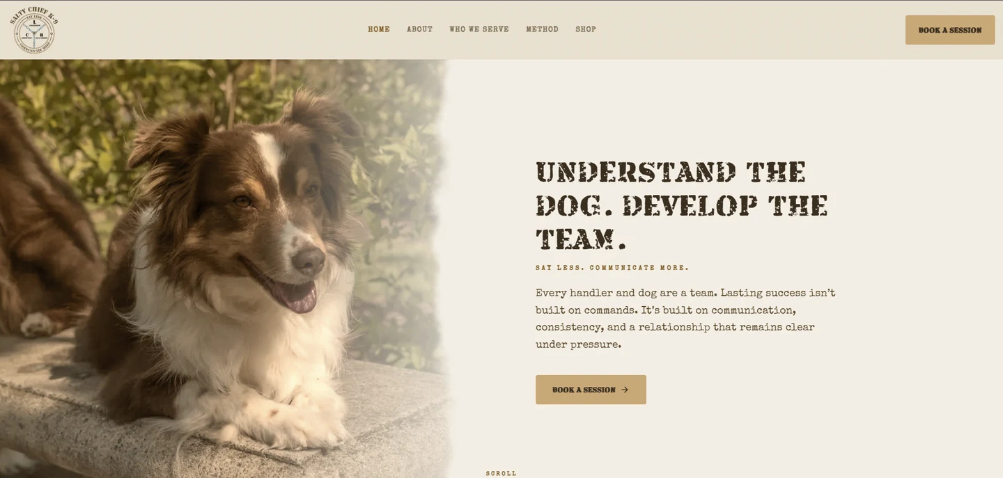 The live Salty Chief K-9 homepage: the brand, the booking button, and a well-trained dog front and center